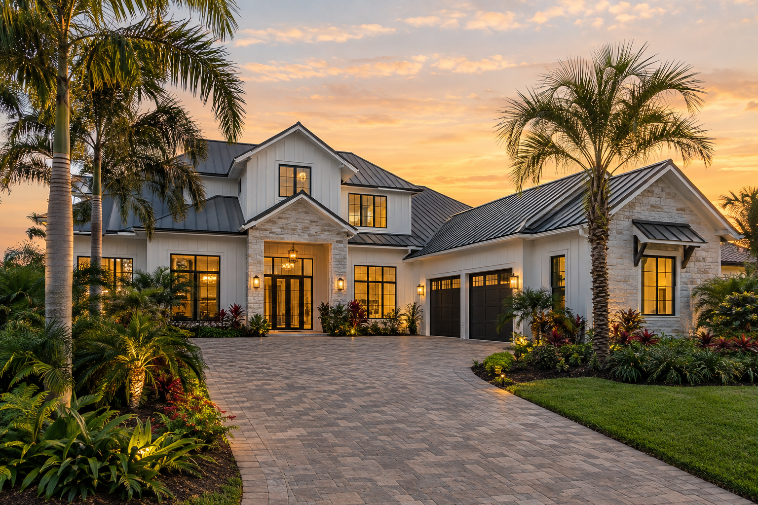 Newly built Central Florida custom home at golden hour with warm interior lighting
