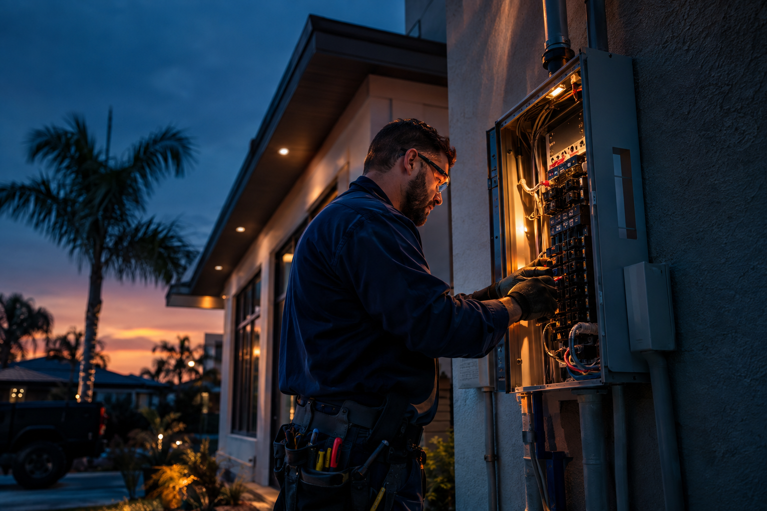 JRL Brothers electrician servicing a residential panel at dusk
